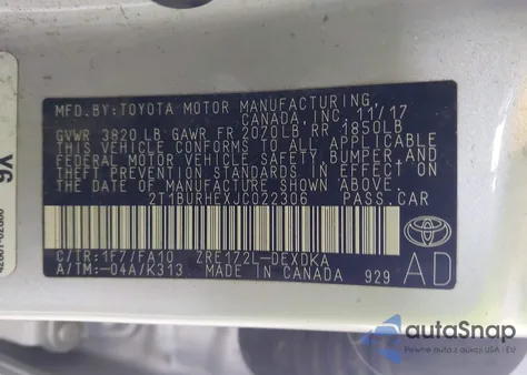 2018 Toyota Corolla L z USA, uszkodzony, nr VIN 2T1BURHEXJC022306